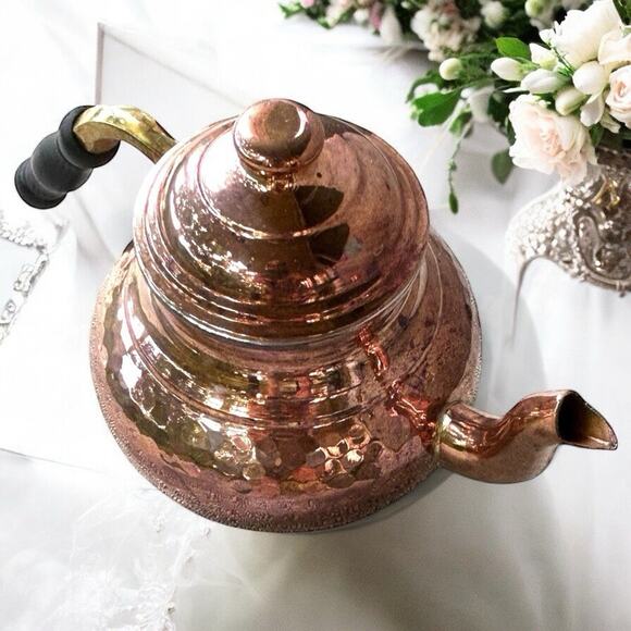 Vintage “CopperBull” Hammered Copper/Brass Teapot W/ Wood Handle, 1.5 Quart